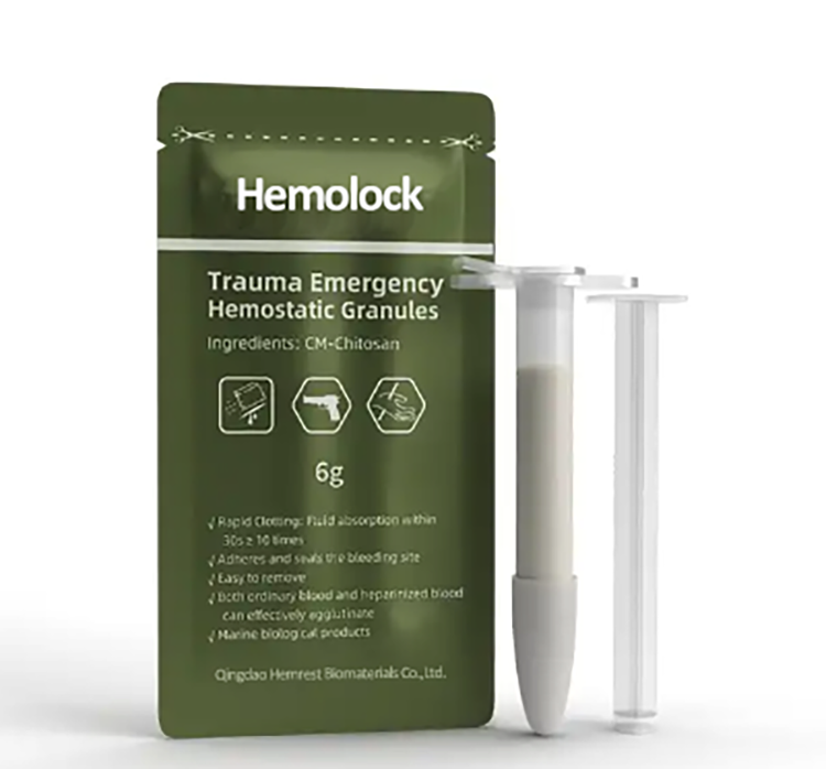 Trauma Emergency Hemostatic Granules, hemostatic powder, bag, pouch, Hemolock, applicator