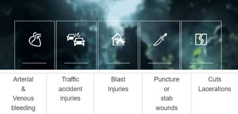 various wounds, arterial&venous bleeding, traffic accident injuries, blast injuries, puncture or stab wounds, cuts lacerations