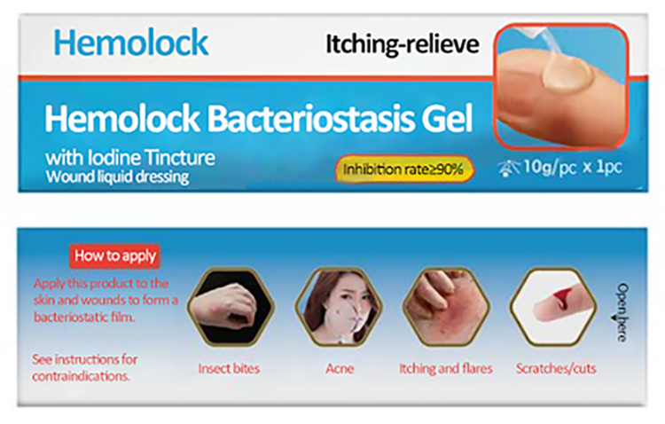 Hemolock Bacteriostasis Gel with Iodine Tincture, itching relieve